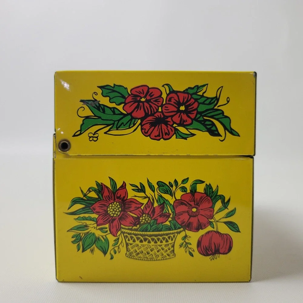 Vintage Syndicate Mfg Co Yellow Floral Rose Metal Tin Recipe Storage Box